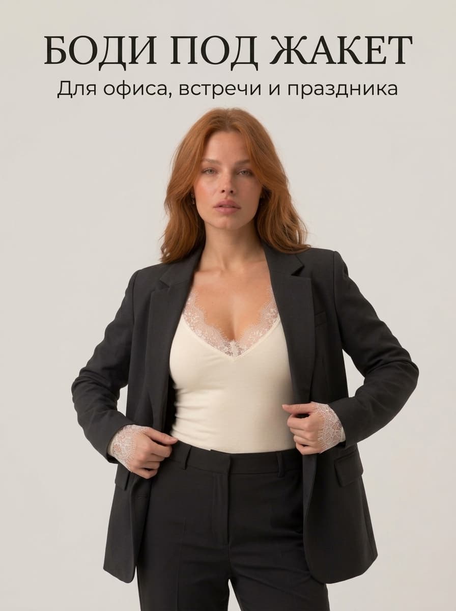 Блузка-боди цвета айвори с кружевом в деловом образе
