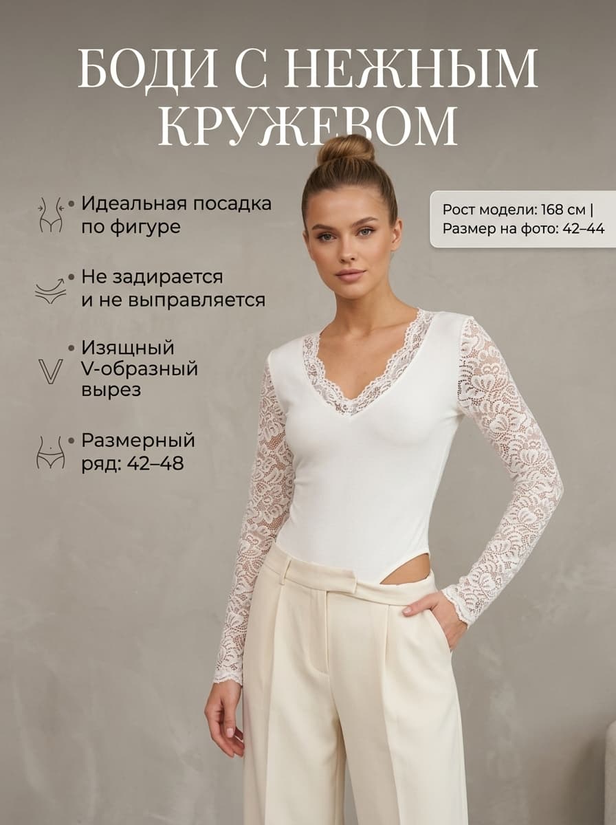 Белая блузка-боди с гипюровыми рукавами в образе с брюками